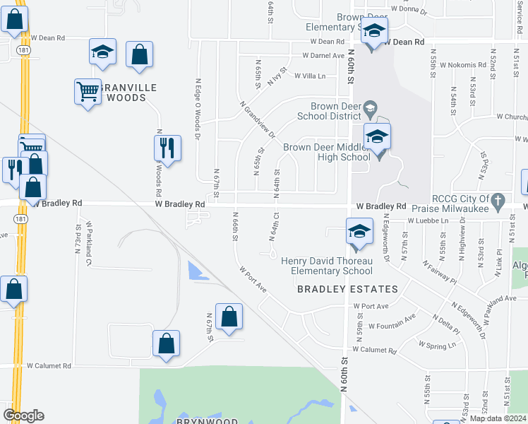 map of restaurants, bars, coffee shops, grocery stores, and more near 6423 West Bradley Road in Milwaukee
