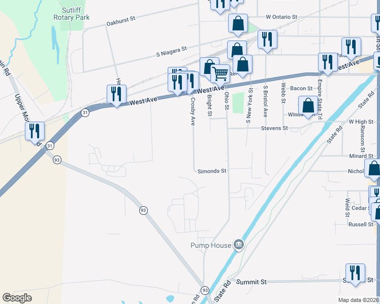 map of restaurants, bars, coffee shops, grocery stores, and more near 59 Crosby Avenue in Lockport