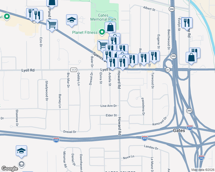map of restaurants, bars, coffee shops, grocery stores, and more near 105 Ardella Street in Rochester