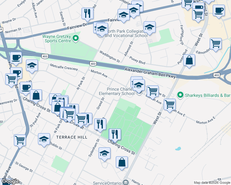 map of restaurants, bars, coffee shops, grocery stores, and more near 72 Herbert Street in Brantford