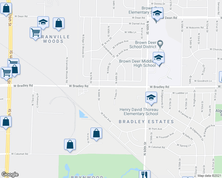 map of restaurants, bars, coffee shops, grocery stores, and more near 6423 West Bradley Road in Milwaukee