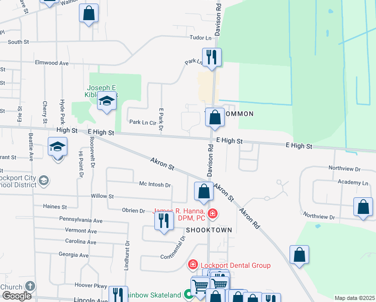 map of restaurants, bars, coffee shops, grocery stores, and more near 793 East High Street in Lockport
