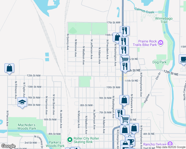 map of restaurants, bars, coffee shops, grocery stores, and more near 1111 North Jefferson Avenue in Mason City