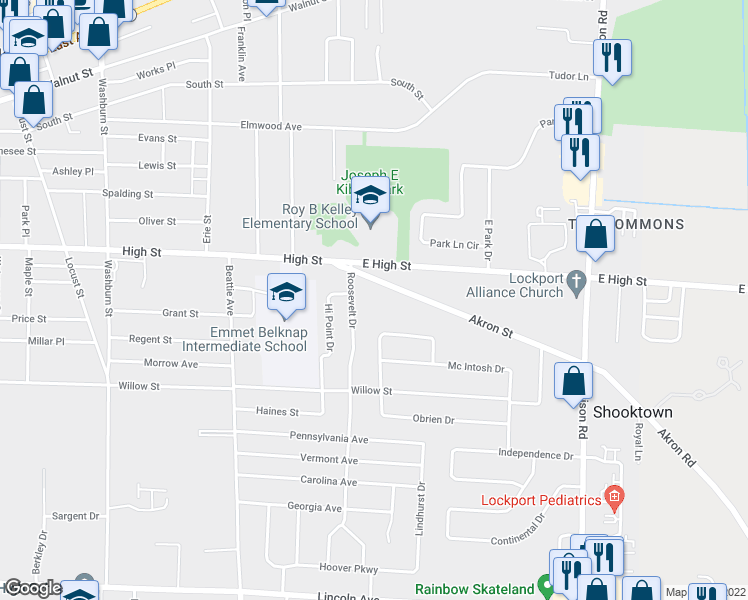 map of restaurants, bars, coffee shops, grocery stores, and more near 51 Akron Street in Lockport