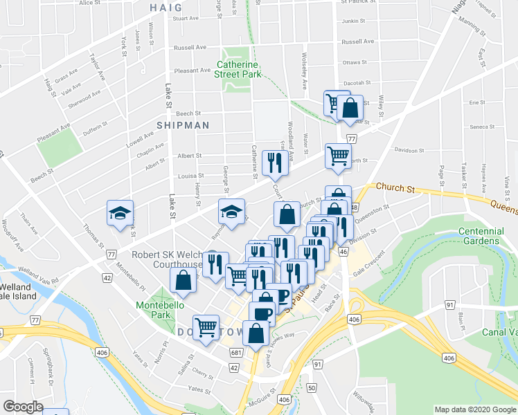 map of restaurants, bars, coffee shops, grocery stores, and more near 4 Clark Street in Saint Catharines