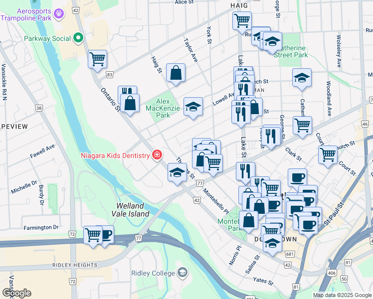 map of restaurants, bars, coffee shops, grocery stores, and more near 15 Louisa Street in St. Catharines
