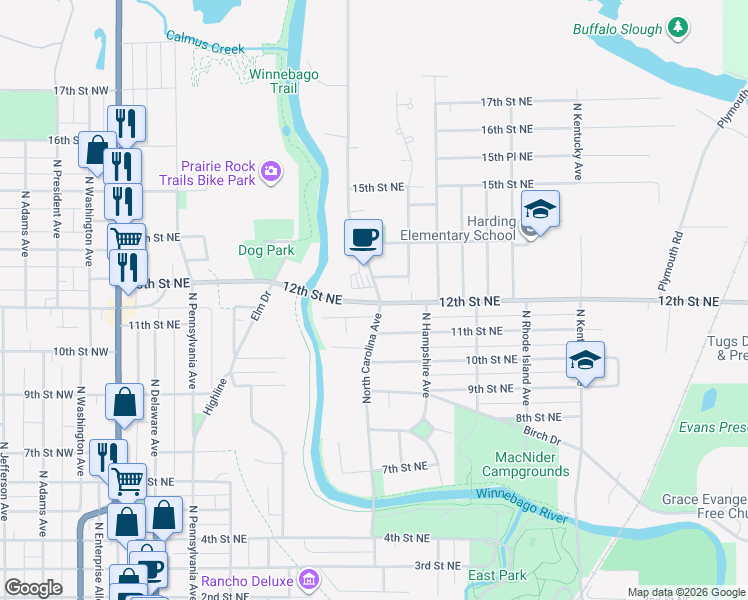 map of restaurants, bars, coffee shops, grocery stores, and more near 548 11th St NE in Mason City