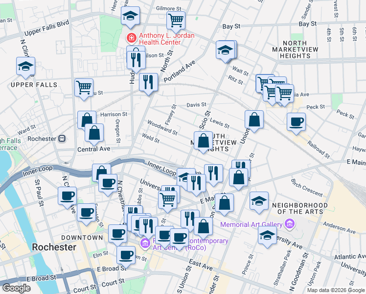 map of restaurants, bars, coffee shops, grocery stores, and more near 69 Weld Street in Rochester