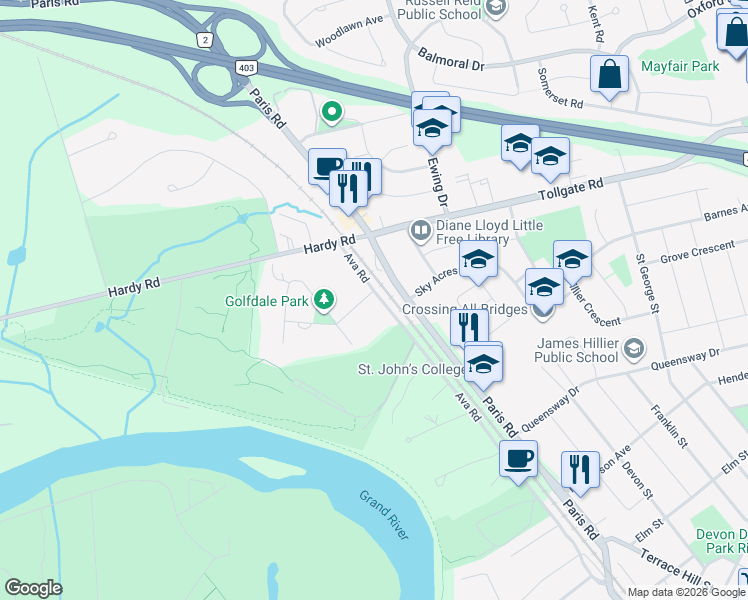 map of restaurants, bars, coffee shops, grocery stores, and more near 70 Ava Road in Brantford