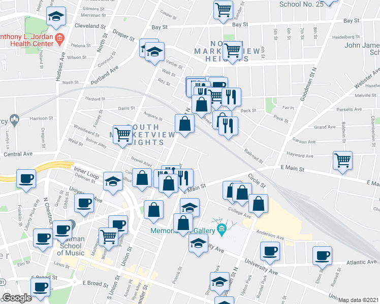 map of restaurants, bars, coffee shops, grocery stores, and more near 486 Alexander Street in Rochester