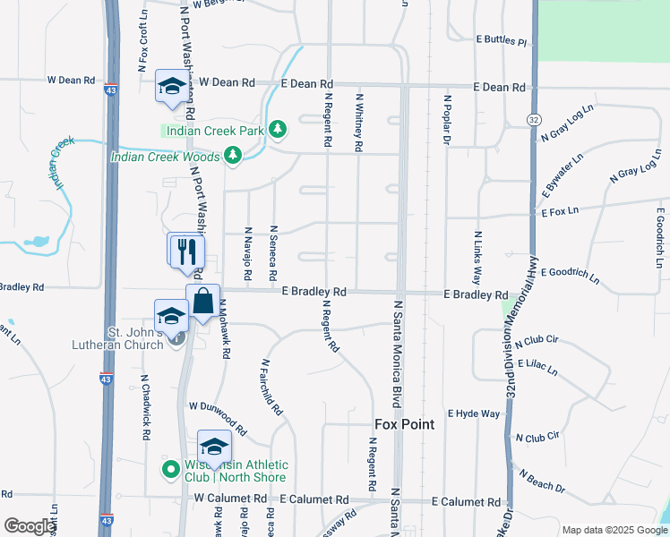 map of restaurants, bars, coffee shops, grocery stores, and more near 8005 North Whitney Road in Fox Point