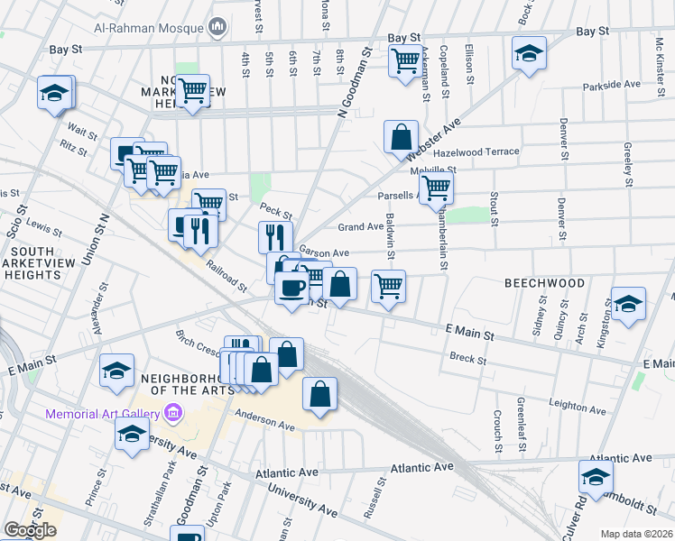 map of restaurants, bars, coffee shops, grocery stores, and more near 409 Hayward Avenue in Rochester