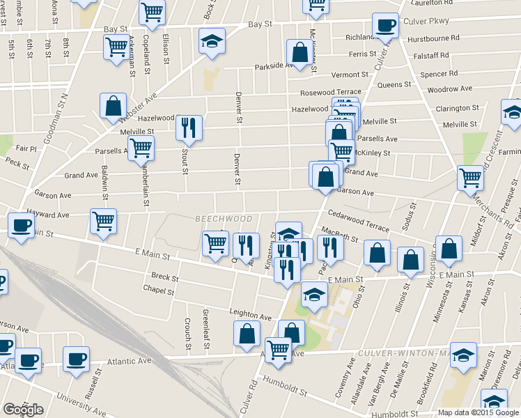 map of restaurants, bars, coffee shops, grocery stores, and more near 233 Cedarwood Terrace in Rochester