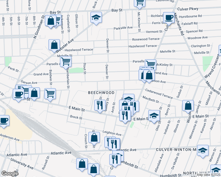map of restaurants, bars, coffee shops, grocery stores, and more near 177 Cedarwood Terrace in Rochester