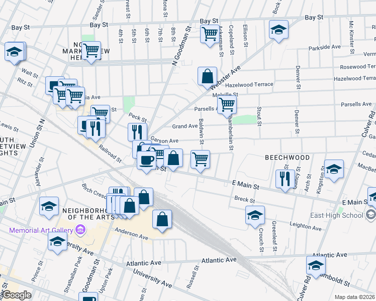 map of restaurants, bars, coffee shops, grocery stores, and more near 14 Laura Street in Rochester