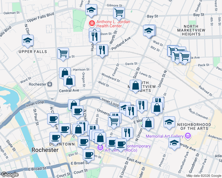 map of restaurants, bars, coffee shops, grocery stores, and more near 90 Lyndhurst Street in Rochester