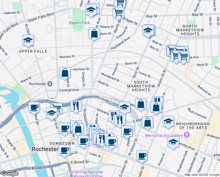 map of restaurants, bars, coffee shops, grocery stores, and more near 90 Lyndhurst Street in Rochester