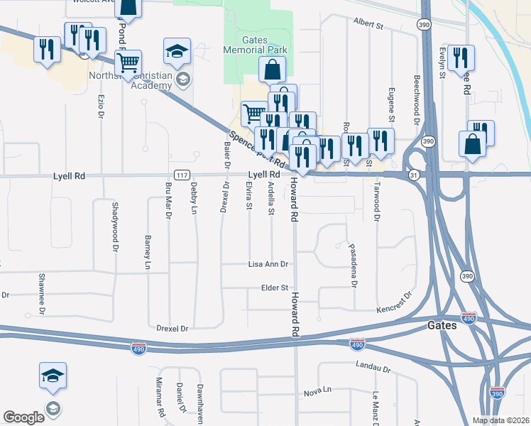 map of restaurants, bars, coffee shops, grocery stores, and more near 105 Ardella Street in Rochester