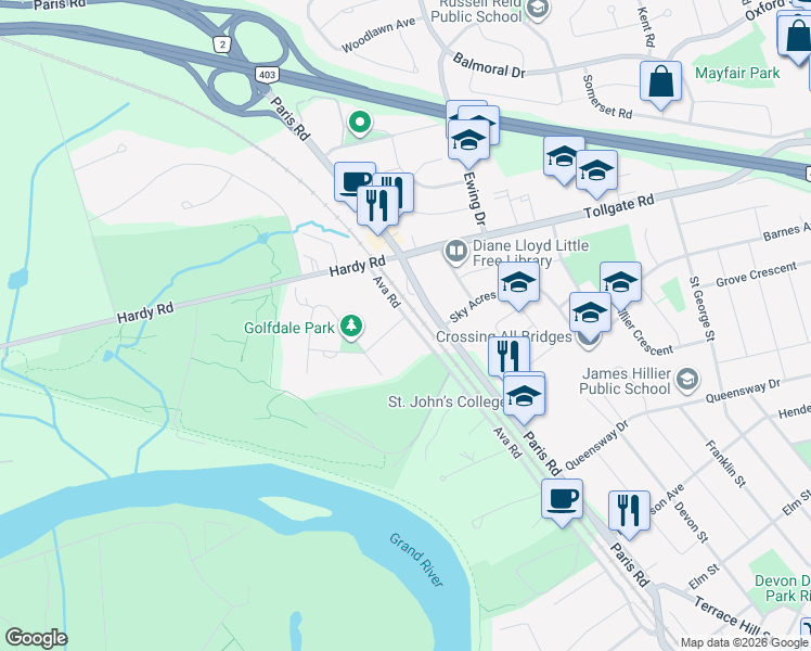 map of restaurants, bars, coffee shops, grocery stores, and more near 70 Ava Road in Brantford