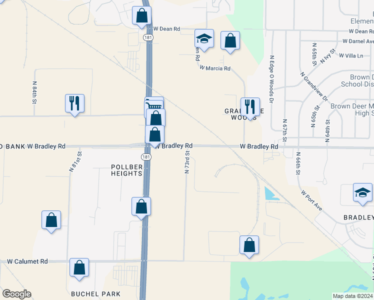map of restaurants, bars, coffee shops, grocery stores, and more near 7303 West Bradley Road in Milwaukee