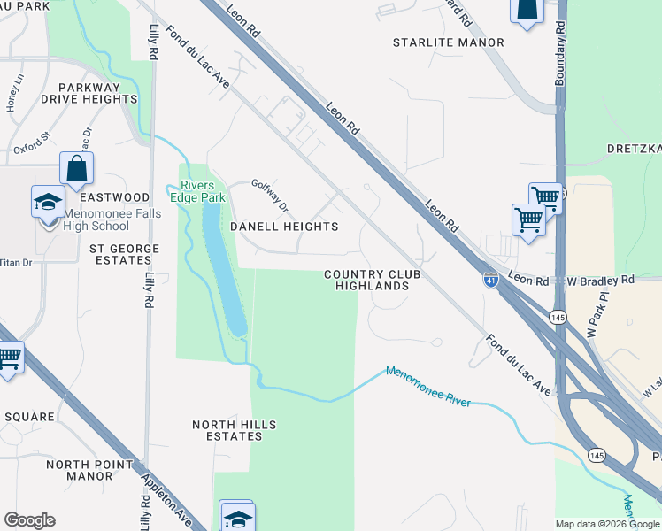 map of restaurants, bars, coffee shops, grocery stores, and more near N80W13299 River Park Drive in Menomonee Falls
