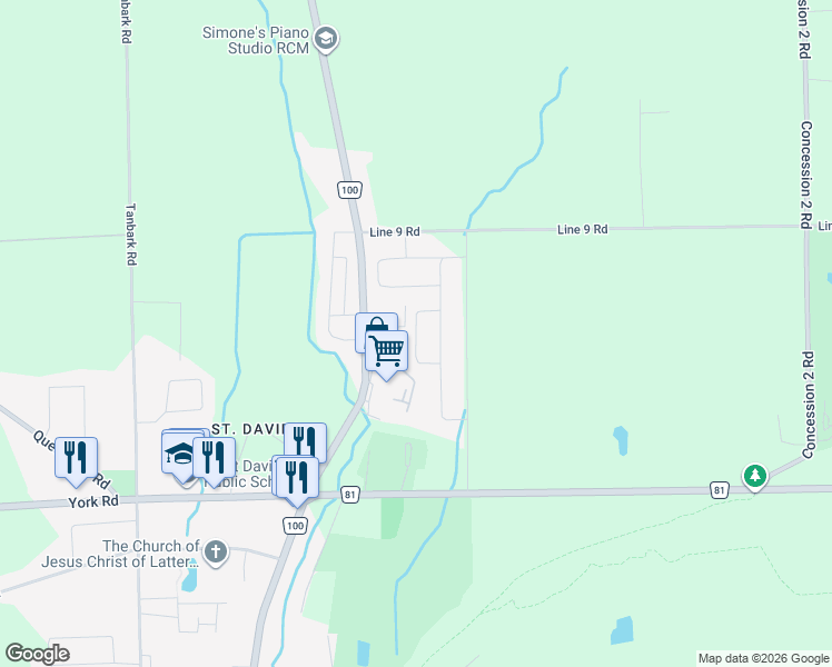 map of restaurants, bars, coffee shops, grocery stores, and more near Dominion Crescent in Niagara-on-the-Lake