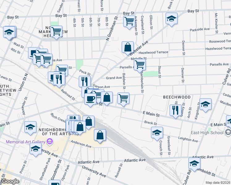map of restaurants, bars, coffee shops, grocery stores, and more near 14 Laura Street in Rochester