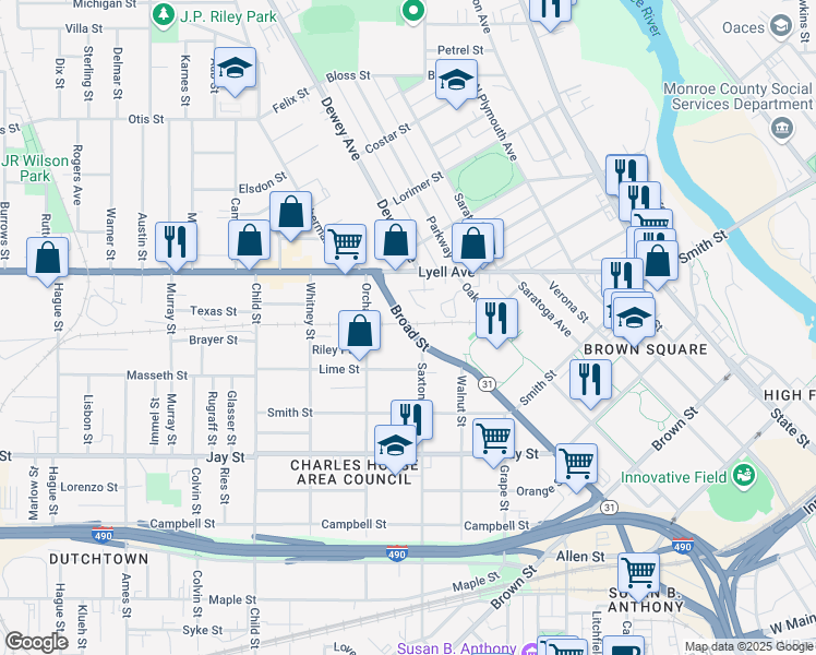 map of restaurants, bars, coffee shops, grocery stores, and more near Broad Street in Rochester