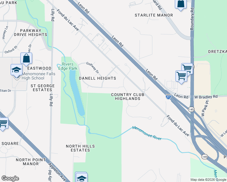 map of restaurants, bars, coffee shops, grocery stores, and more near N80W13299 River Park Drive in Menomonee Falls