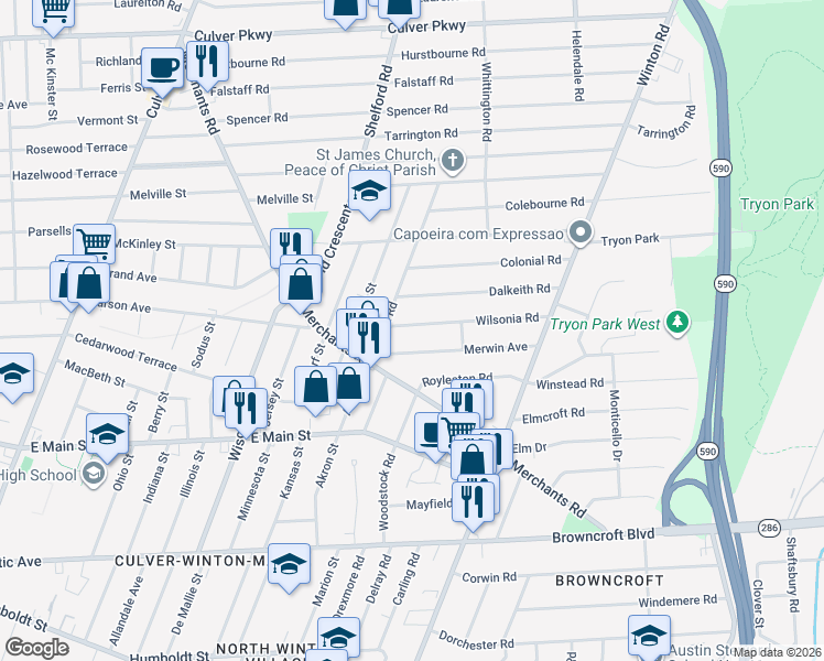 map of restaurants, bars, coffee shops, grocery stores, and more near 33 Wilsonia Road in Rochester
