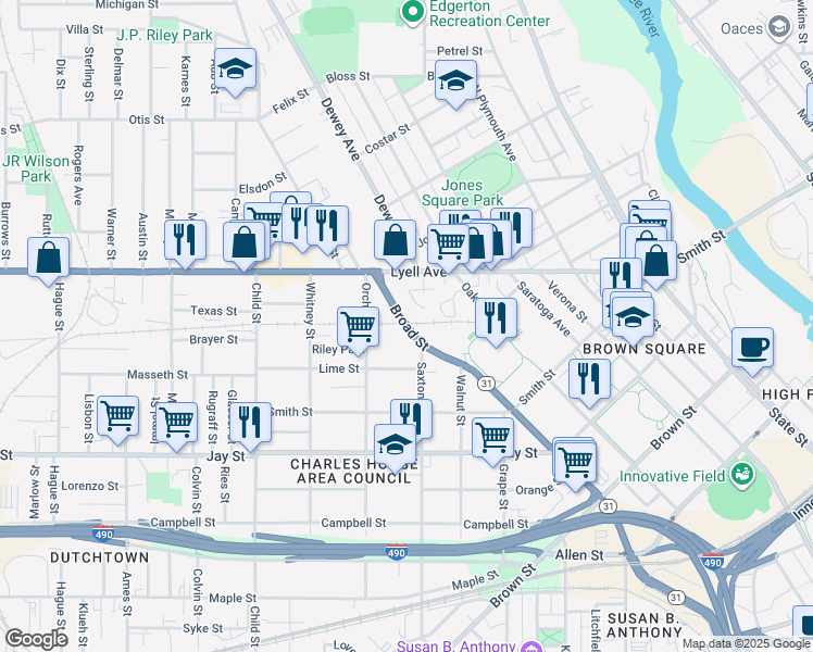 map of restaurants, bars, coffee shops, grocery stores, and more near Broad Street in Rochester