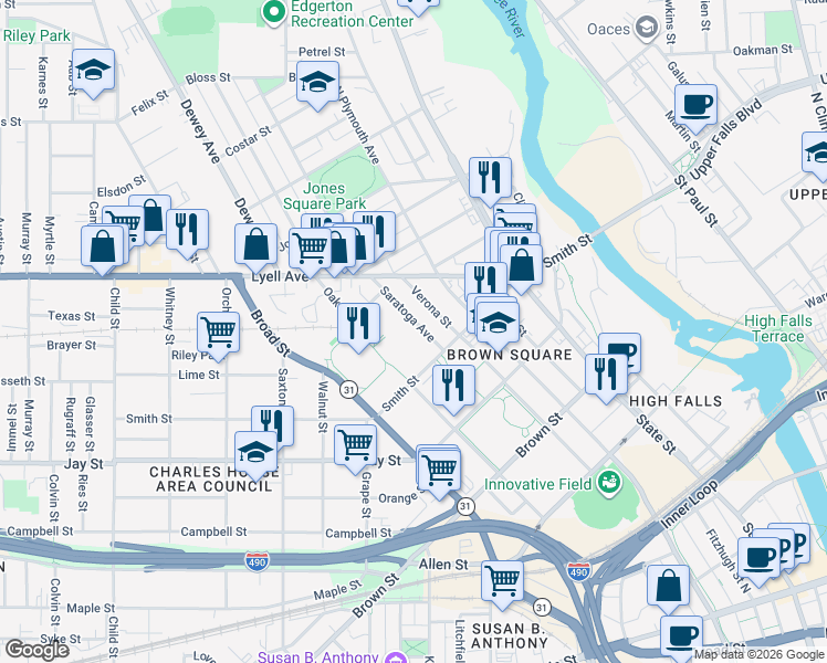 map of restaurants, bars, coffee shops, grocery stores, and more near 524 Oak Street in Rochester