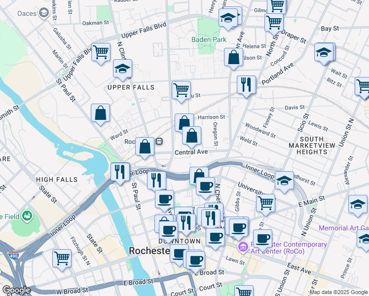 map of restaurants, bars, coffee shops, grocery stores, and more near 395-525 Central Avenue in Rochester