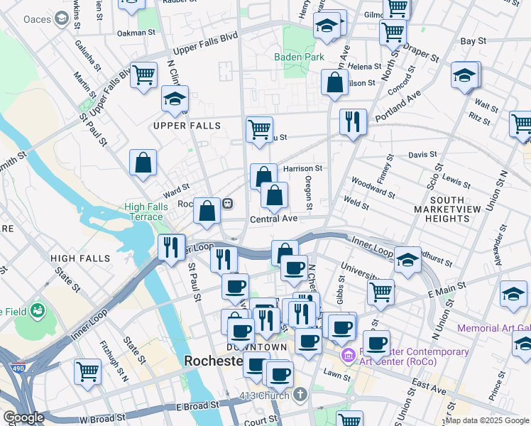 map of restaurants, bars, coffee shops, grocery stores, and more near 395-525 Central Avenue in Rochester