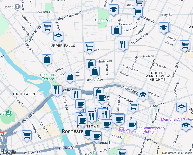 map of restaurants, bars, coffee shops, grocery stores, and more near 395-525 Central Avenue in Rochester