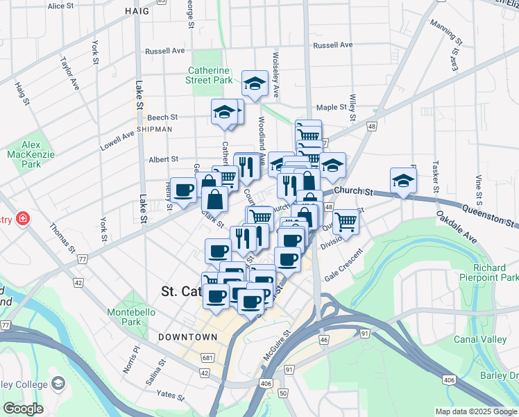 map of restaurants, bars, coffee shops, grocery stores, and more near 125 Church Street in Saint Catharines