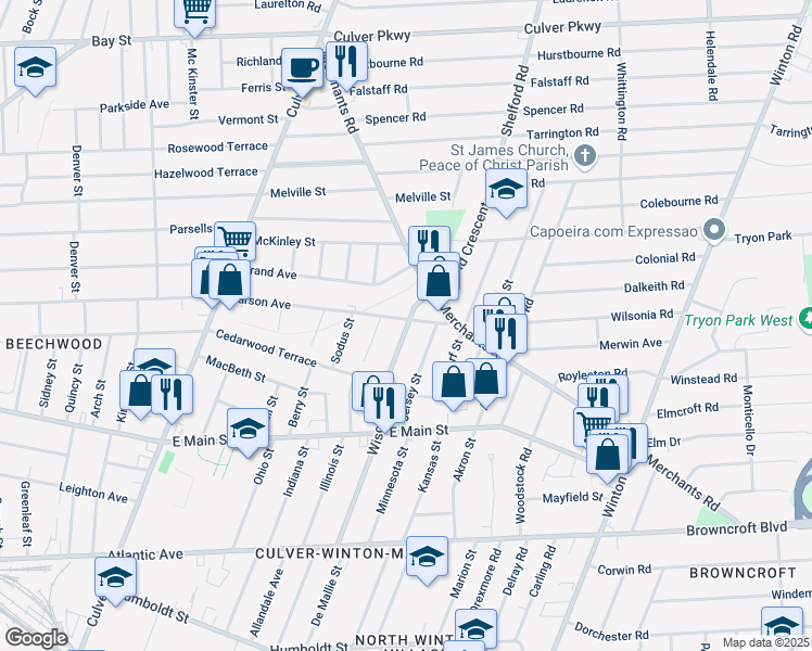 map of restaurants, bars, coffee shops, grocery stores, and more near 119 Jersey Street in Rochester