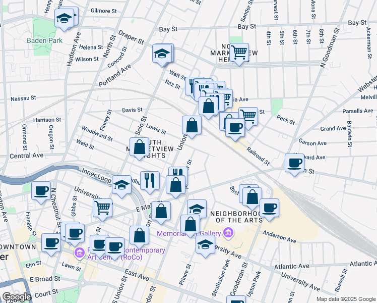 map of restaurants, bars, coffee shops, grocery stores, and more near 471 Alexander Street in Rochester