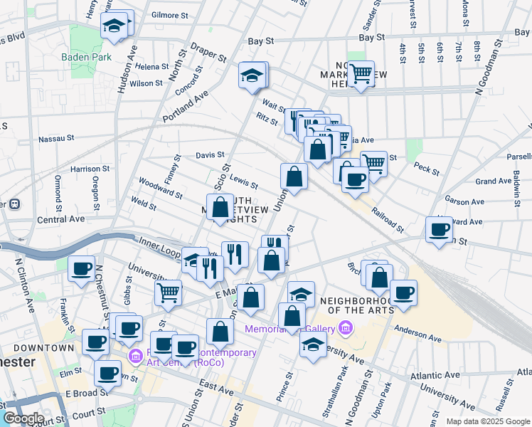 map of restaurants, bars, coffee shops, grocery stores, and more near 136 Woodward Street in Rochester