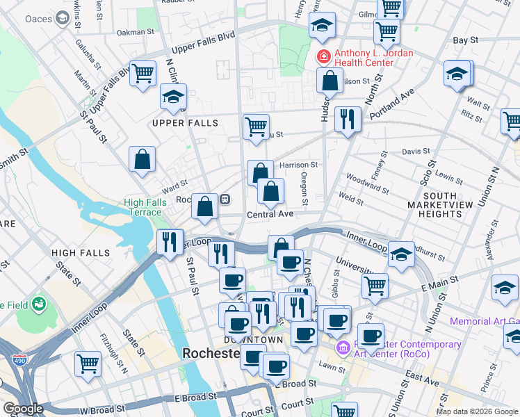 map of restaurants, bars, coffee shops, grocery stores, and more near 395-525 Central Avenue in Rochester