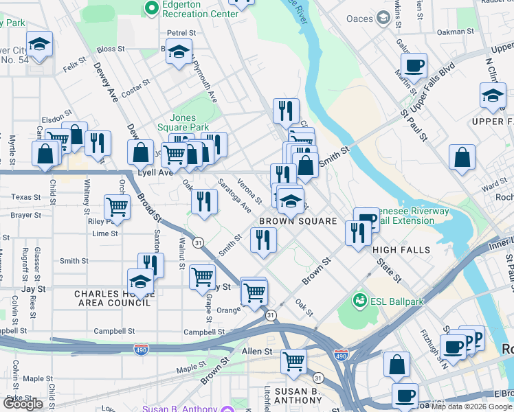 map of restaurants, bars, coffee shops, grocery stores, and more near 414 Smith Street in Rochester