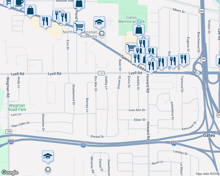 map of restaurants, bars, coffee shops, grocery stores, and more near 26 Debby Lane in Rochester