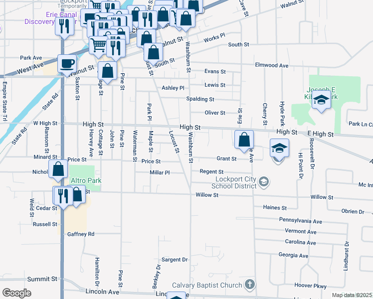 map of restaurants, bars, coffee shops, grocery stores, and more near 441 Washburn Street in Lockport