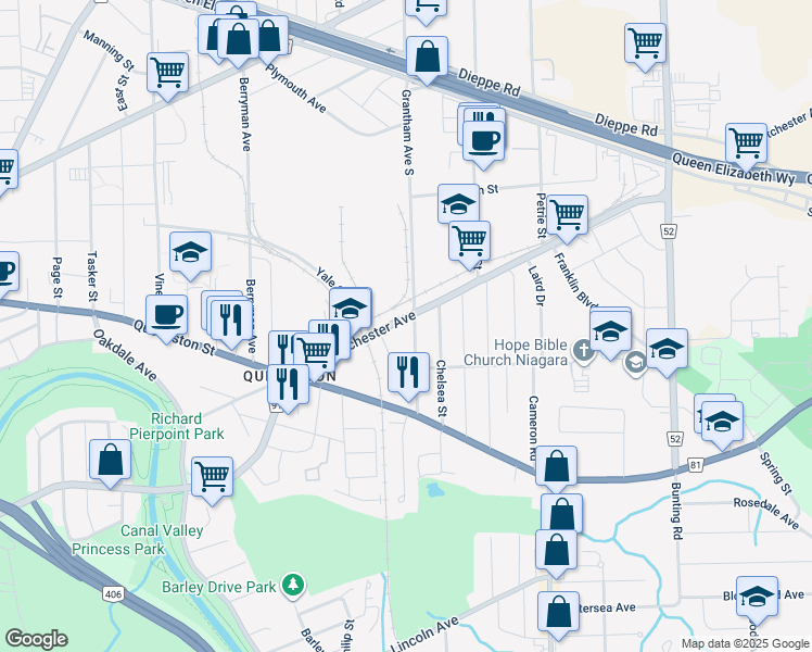map of restaurants, bars, coffee shops, grocery stores, and more near in St. Catharines