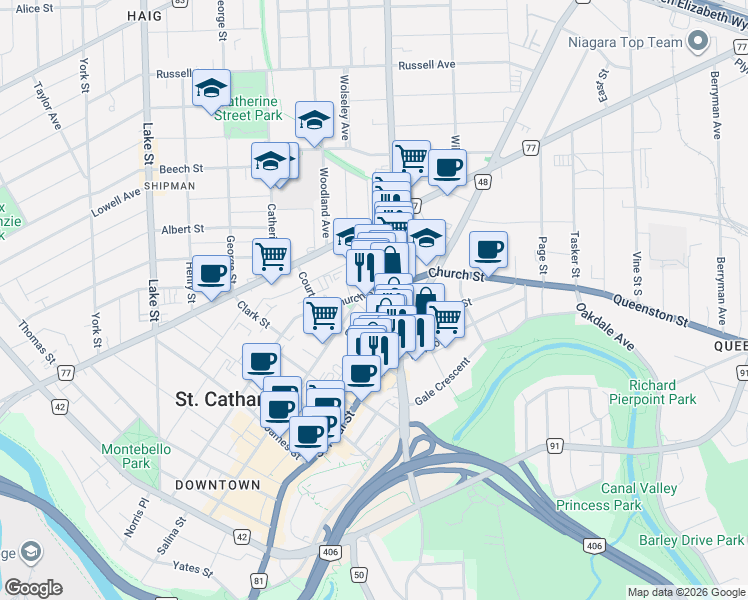 map of restaurants, bars, coffee shops, grocery stores, and more near 43 1/2 Centre Street in St. Catharines