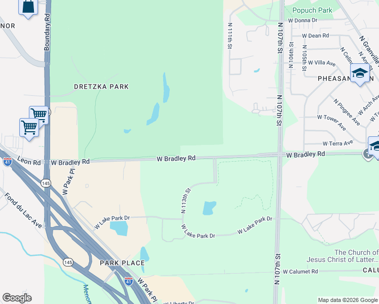 map of restaurants, bars, coffee shops, grocery stores, and more near 11222 West Bradley Road in Milwaukee