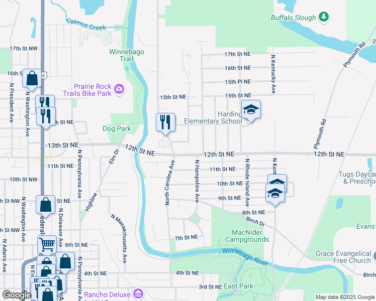 map of restaurants, bars, coffee shops, grocery stores, and more near 647 12th Street Northeast in Mason City