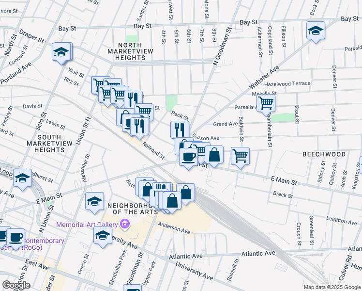 map of restaurants, bars, coffee shops, grocery stores, and more near 499 Goodman Street North in Rochester