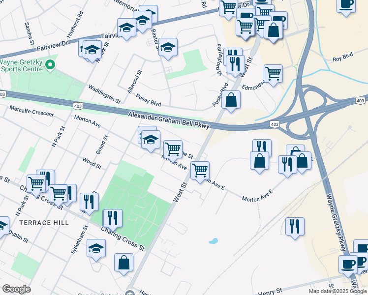 map of restaurants, bars, coffee shops, grocery stores, and more near 35 Byrne Street in Brantford