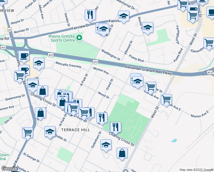 map of restaurants, bars, coffee shops, grocery stores, and more near 244 Grand Street in Brantford